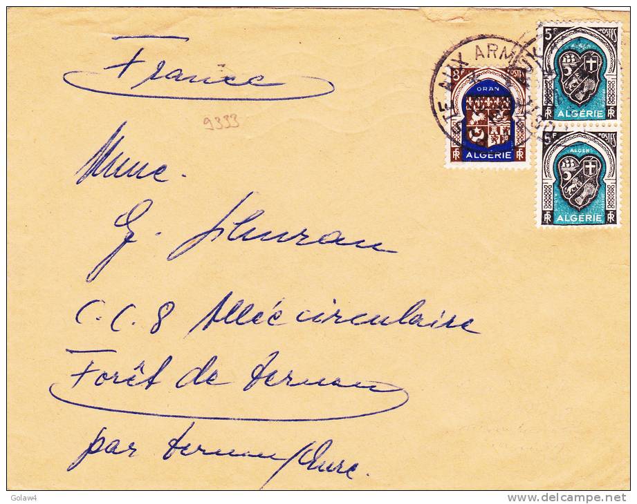 9333# ALGERIE BLASONS ALGER ORAN / LETTRE Obl POSTE AUX ARMEES 1950 Pour EURE - Storia Postale