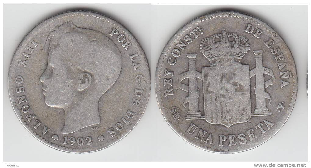**** ESPAGNE - SPAIN - 1 PESETA 1902 ALFONSO XIII - ARGENT - SILVER **** EN ACHAT IMMEDIAT - First Minting