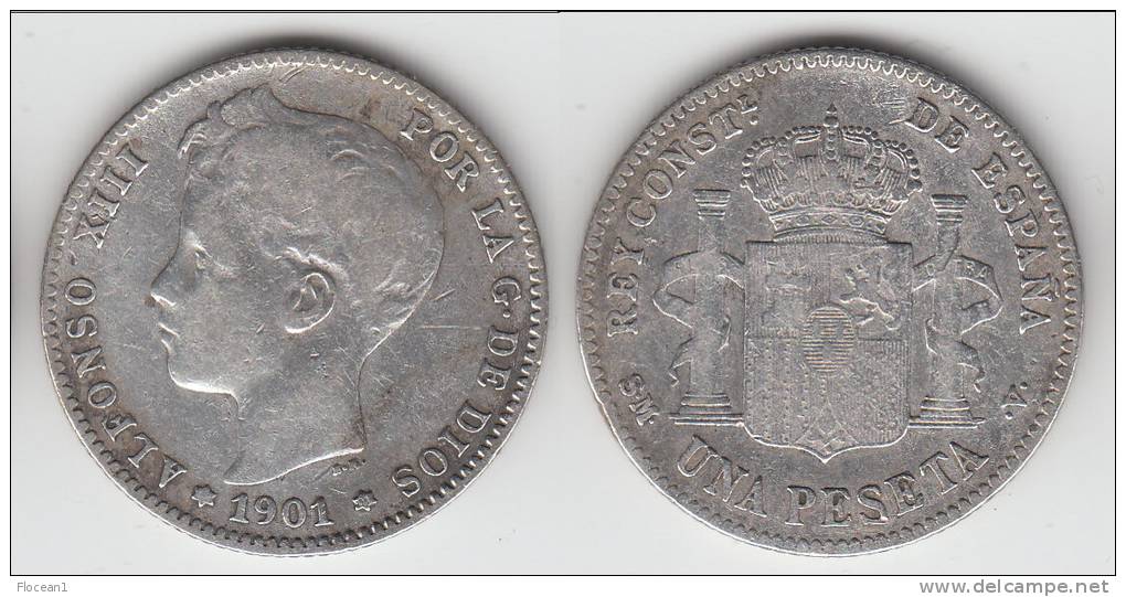 **** ESPAGNE - SPAIN - 1 PESETA 1901 ALFONSO XIII - ARGENT - SILVER **** EN ACHAT IMMEDIAT - First Minting