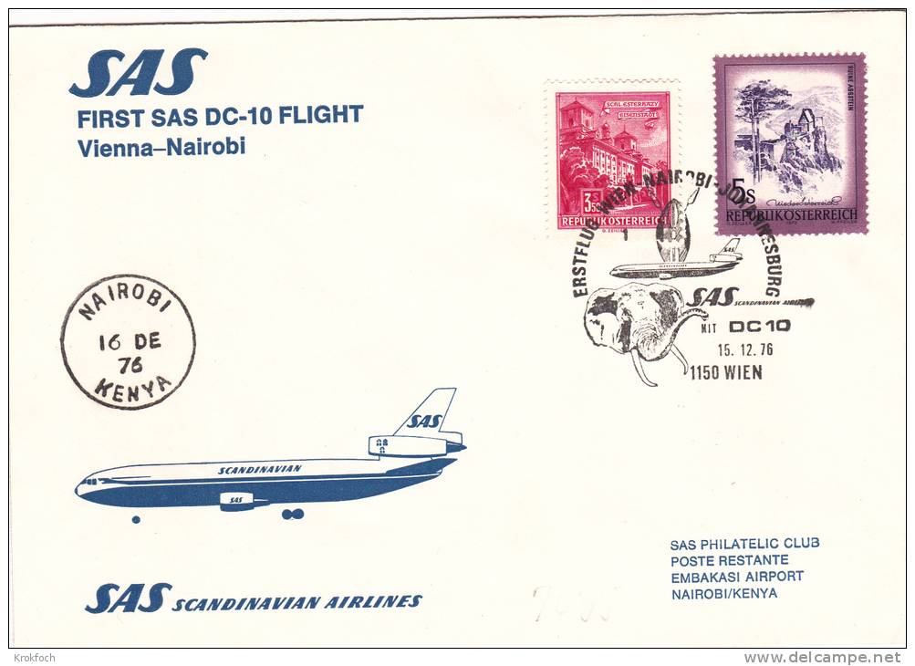 Wien Nairobi 1976 - Erstflug SAS DC-10 - éléphant Elefant - First Flight Covers