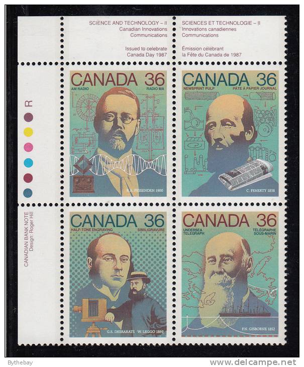 Canada MNH Scott #1138a Upper Left Plate Block 36c Fessenden, Fenerty, Leggo, Gisborne - Science And Technology - Plate Number & Inscriptions