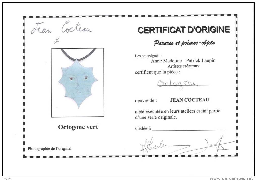 Jean Cocteau. Hanger "Octogone" Aan Lederen Ketting. Met Certificaat. - Colliers/Chaînes