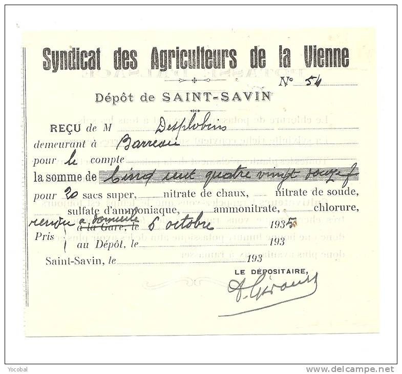 Lettre De Change, Syndycat Des Agriculteurs Dela Vienne  - Saint-Savin (86) - 1935 - Lettres De Change