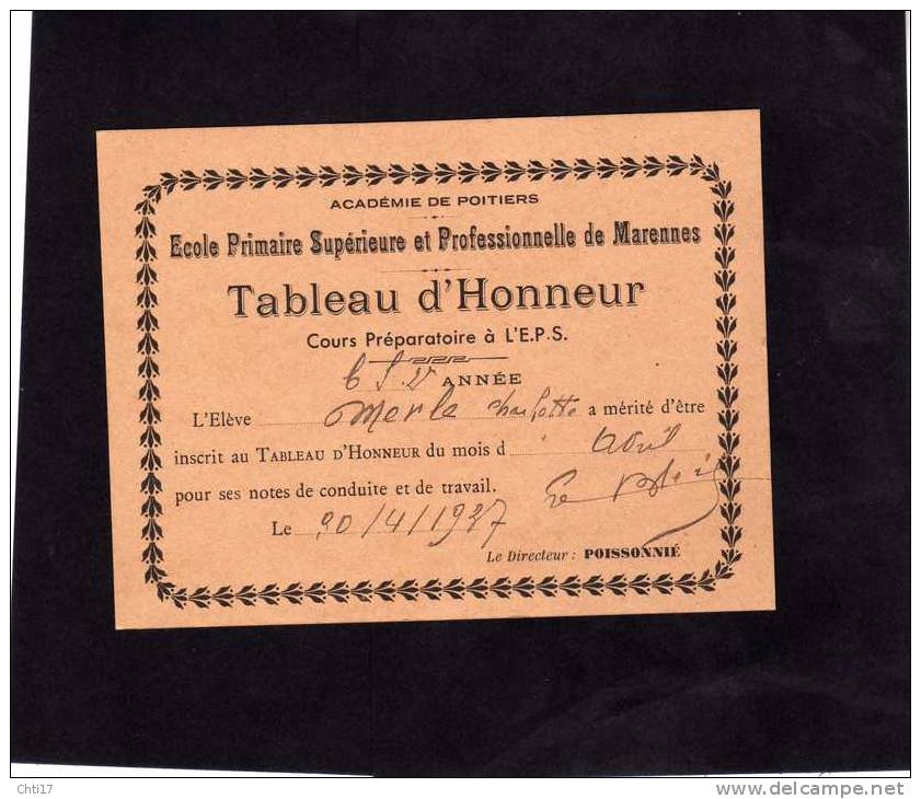 MARENNES  1937 TABLEAU D HONNEUR COURS PREPARATOIRE BON POINT - Historische Dokumente