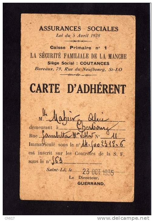 SAINT LO /  CHERBOURG / COUTANCES / 1935  CARTE  ADHERENT ASSURANCES SOCIALES / DEPARTEMENT DE LA MANCHE - Documents Historiques