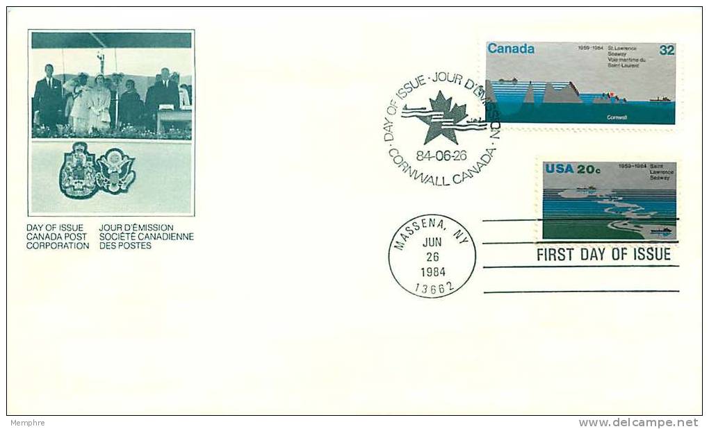 1984  St Lawrence Seaway  Map Sc 1015  Joint FDC With USA Stamp - 1981-1990