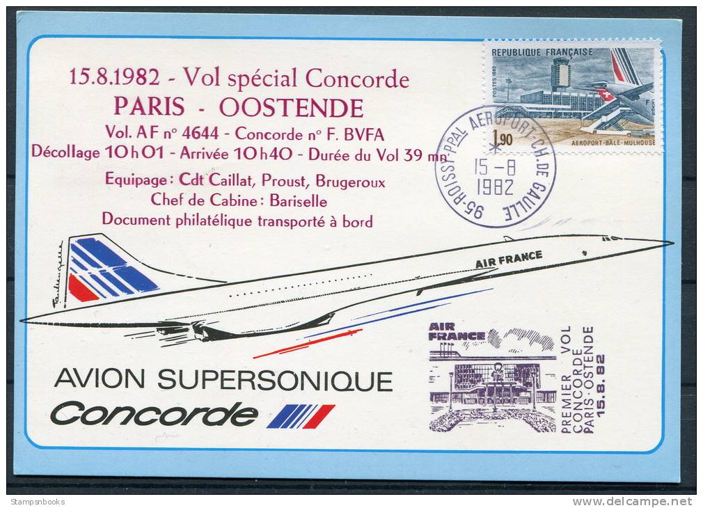 1982 Paris - Ostend Belgium - Paris Air France Concorde First Flight Postcard - Concorde