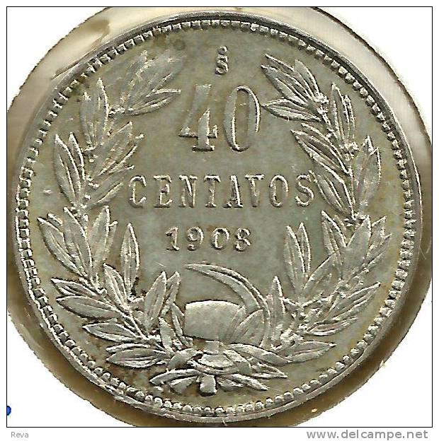 CHILE 40 CENTAVOS LAUREL LEAVES FRONT & BIRD EMBLEM BACK 1908 AG SILVER VF KM163 READ DESCRIPTION CAREFULLY !!! - Chile