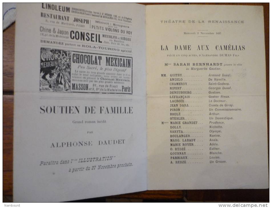 Sarah Bernard Théatre De La Renaissance 3 Novembre 1897 La Dame Aux Camélias Publicité De L'Illustration - Programmes