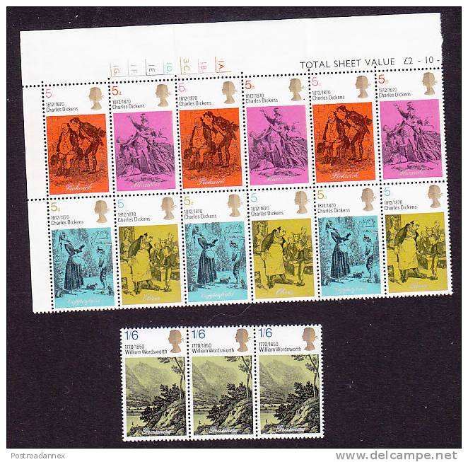 Great Britain, Scott #617-621, Mint Never Hinged, Dickens And Wordsworth, Issued 1970 - Ungebraucht