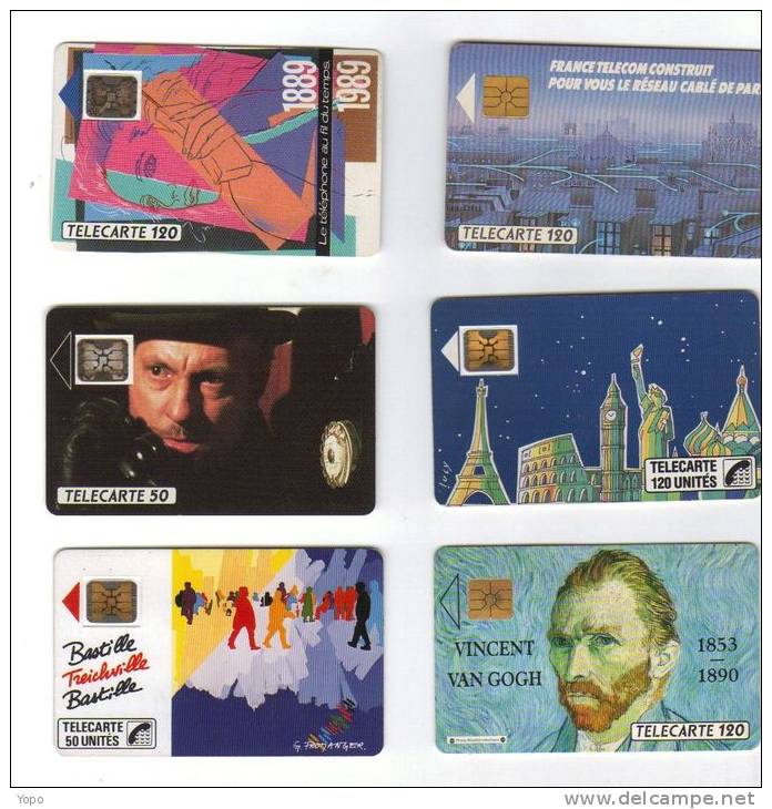 Lot 6 Télécartes Illustrées : Van Gogh, Bastille, Serrault…….., Années 1989/1990, Puces : 2 GEM Et 4 SC4, - 1990