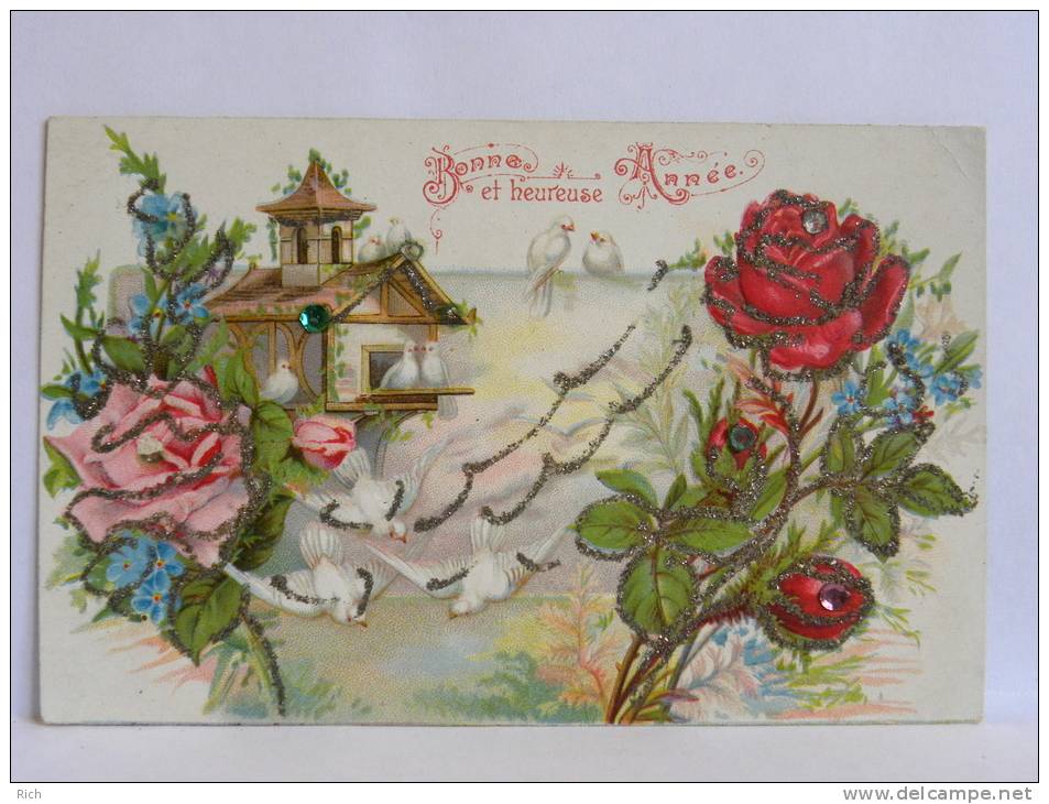 CPA Bonne Et Heureuse Année - Carte Gauffrée, Roses, Oiseaux, Décors Chinois Ou Japonnais - Strass - New Year