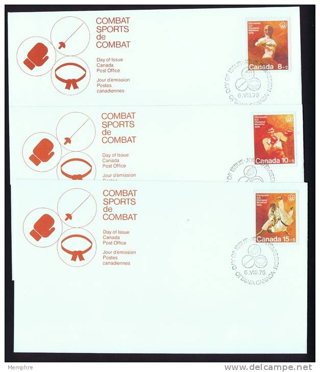 1975  Montreal Olympic Games Fencing, Boxing, Judo Semi-postals  Sc B7-9  On 3 FDCs - 1971-1980