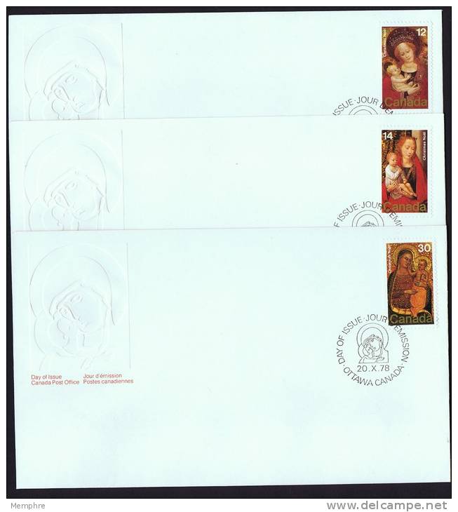 1978  Christmas Issue  - Madonnas  Sc 773-75  On 3 FDCs - 1971-1980