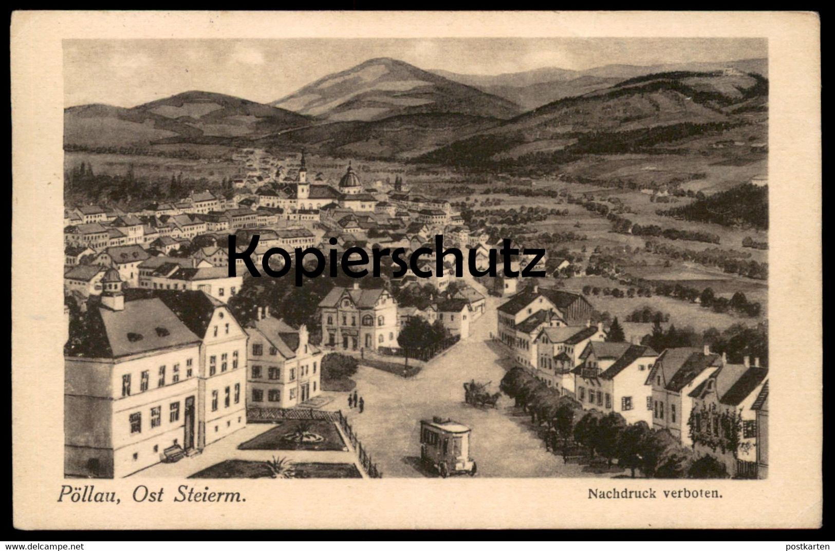 ALTE POSTKARTE PÖLLAU OST STEIERMARK Bus Kutsche Steiermark Radierung ? Etching Gravure Postcard Marke Posthorn 2 Kronen - Pöllau