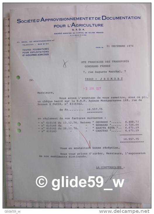 Facture Société D'Approvisionnement Et De Documentation Pour L'Agriculture - PARIS Le 31 Décembre 1976 - Agricultura