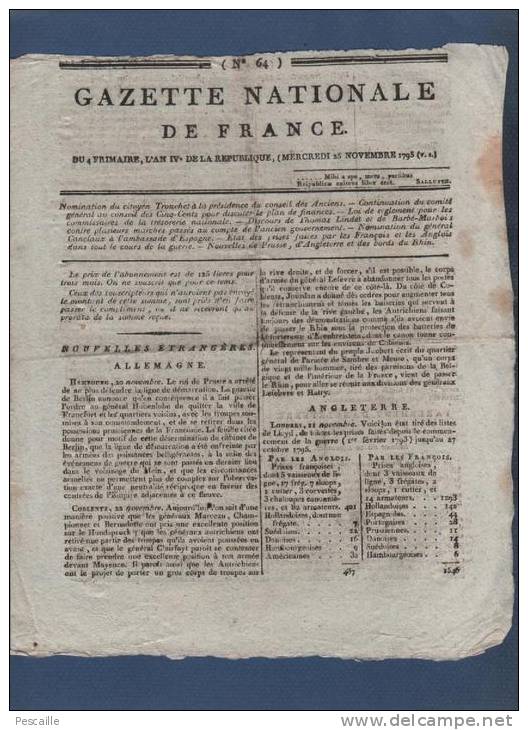 GAZETTE NATIONALE DE FRANCE 25 11 1795 - HAMBOURG - COBLENTZ - LONDRES - DIRECTOIRE / CINQ CENTS / ANCIENS - Kranten Voor 1800