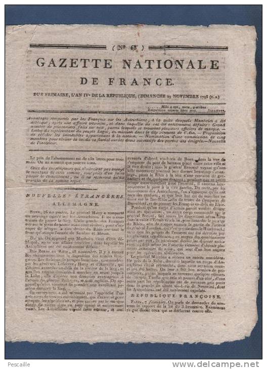 GAZETTE NATIONALE DE FRANCE 29 11 1795 - BONN RHIN MARCEAU .. - EMIGRES - BOURG AIN - POLICE COMMUNES - FINANCES - Zeitungen - Vor 1800