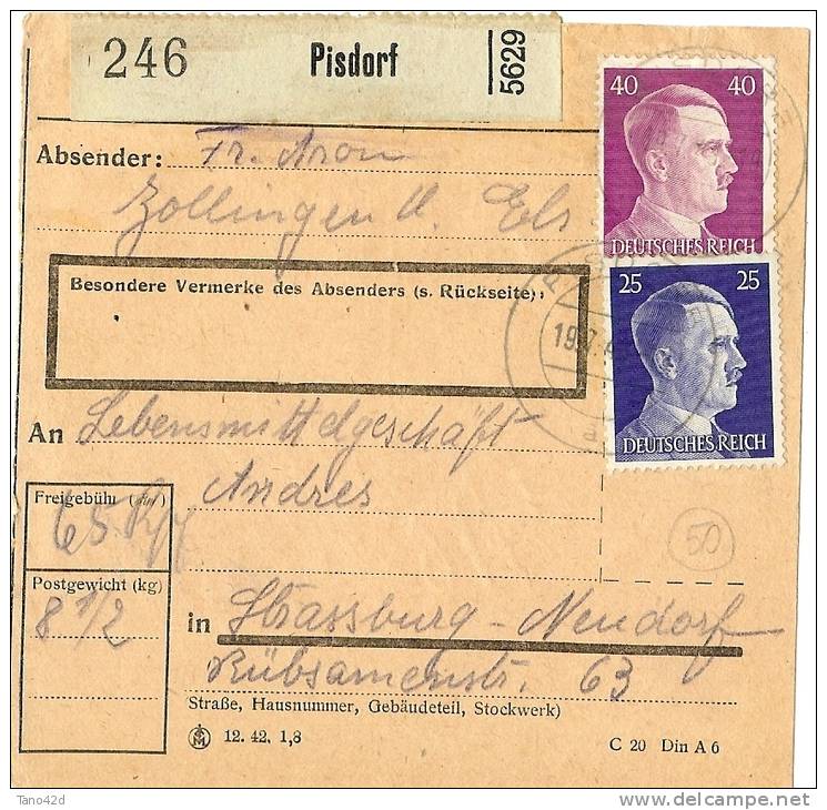 LBL15 - ALSACE LORRAINE PERIODE D'OCCUPATION - COLIS POSTAL - Autres & Non Classés