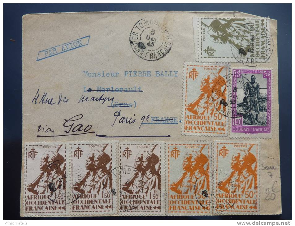 AFFRANCHISSEMENT SUR LETTRE PAR AVION DE TOMBOUCTOU SOUDAN 1945 => FRANCE   COVER BRIEFE BELEGE  MULTIPLE AOF - Autres & Non Classés