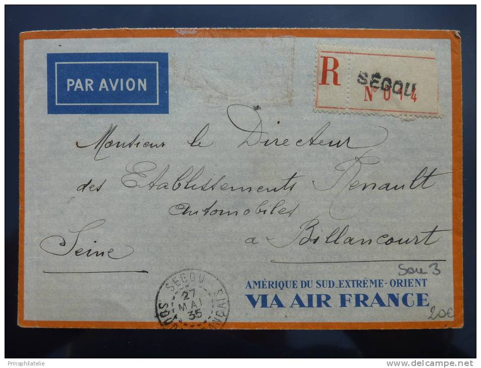 AFFRANCHISSEMENT SUR LETTRE PAR AVION DE SEGOU SOUDAN 1935 =&gt; FRANCE   COVER BRIEFE BELEGE  SEUL AOF - Andere & Zonder Classificatie