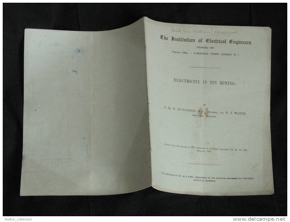 Electricité Electricity In Tin Mining The Istitution Ou Electrical Engineers Hutchison Wayte 1920 Rare - Other & Unclassified