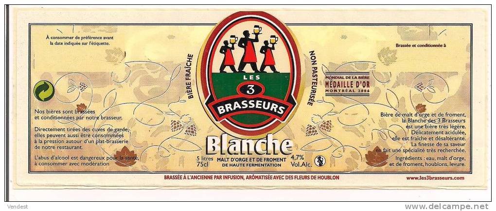 Etiquette Neuve -  Bière Blanche  LES 3 BRASSEURS  -  20,7 X  7,8 Cm - - Bière