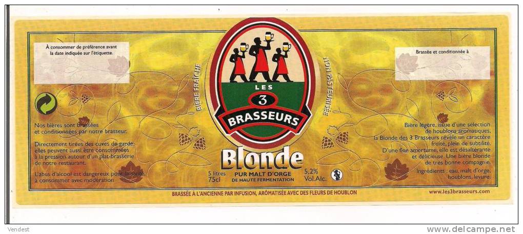 Etiquette Neuve -  Bière Blonde  LES 3 BRASSEURS  -  20,7 X  7,8 Cm - - Bière