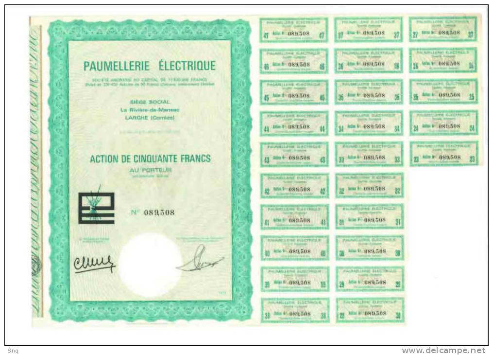 Paumellerie Electrique - Action De 50 Francs - Electricité & Gaz