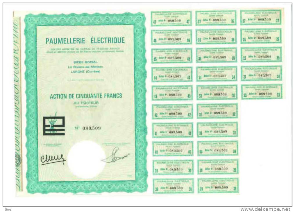 Paumellerie Electrique - Action De 50 Francs - Electricité & Gaz