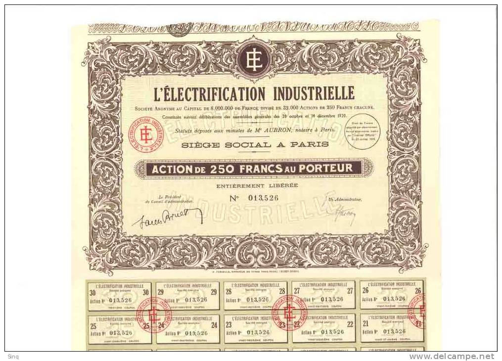 L´électrification Industrielle, Action De 250 Francs - Electricidad & Gas