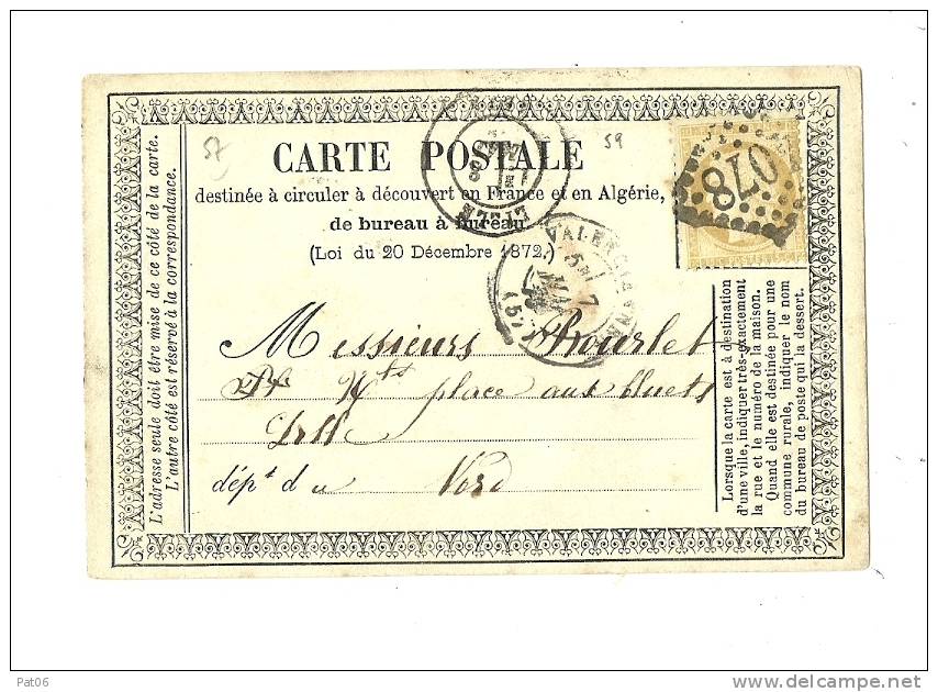 NORD ( 57 )   VALENCIENNESCPI Ordinaire - Tarif à 15c. (15.1.1873/30.4.1878)N°5 9  -  15c. Cérès III° République - Precursor Cards