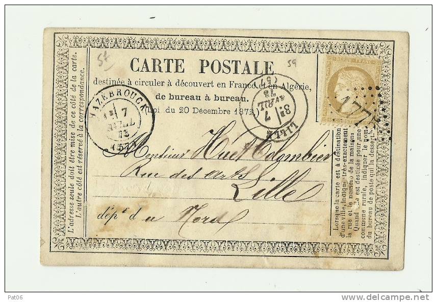 NORD ( 57 ) - HAZEBROUCKCPI Ordinaire - Tarif à 15c. (15.1.1873/30.4.1878)N°5 9  -  15c. Cérès III° République - Precursor Cards