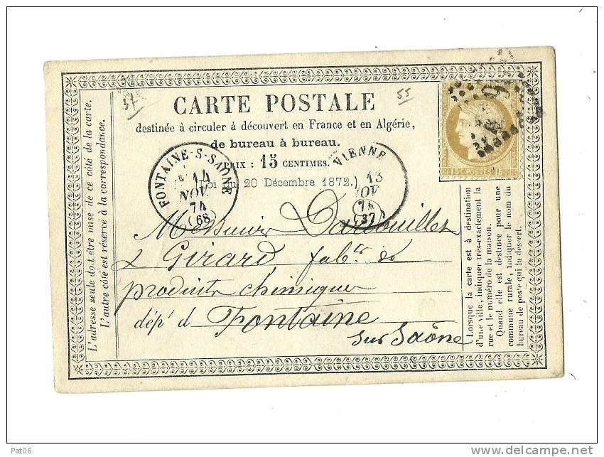 ISERE ( 37 ) &ndash; VIENNECPI Ordinaire - Tarif à 15c. (15.1.1873/30.4.1878)N°5 5  -  15c. Cérès III° République - Precursor Cards