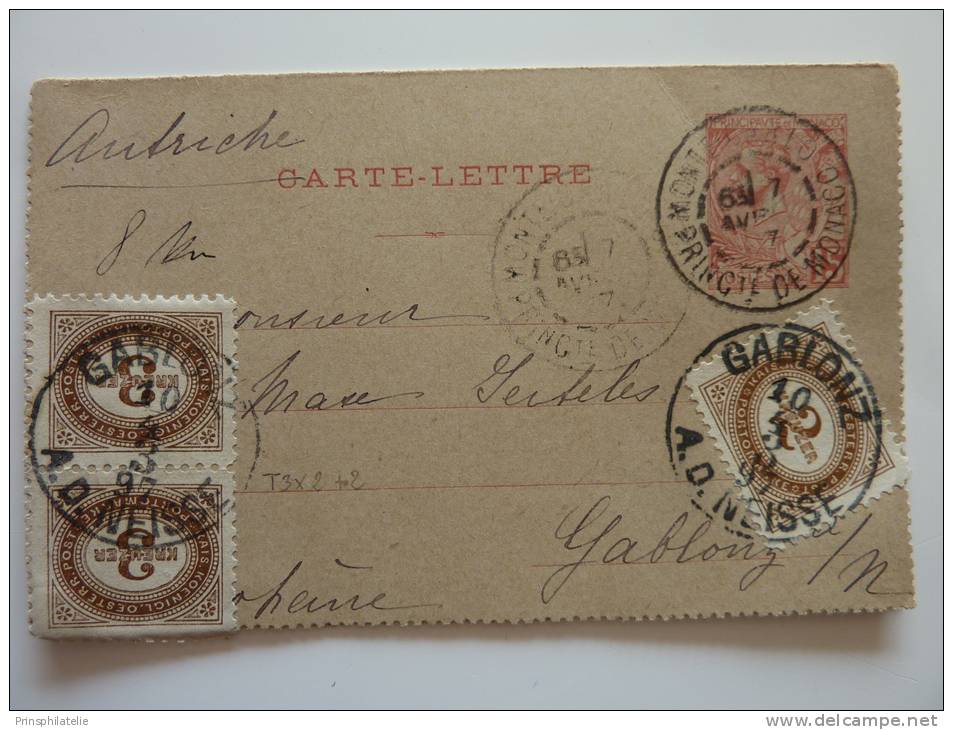 CARTE LETTRE 15ç DE MONACO 1897 ADRESSE AN AUTRICHE ET TAVEE A 9 KREUZER COVER BELEGE - Otros & Sin Clasificación