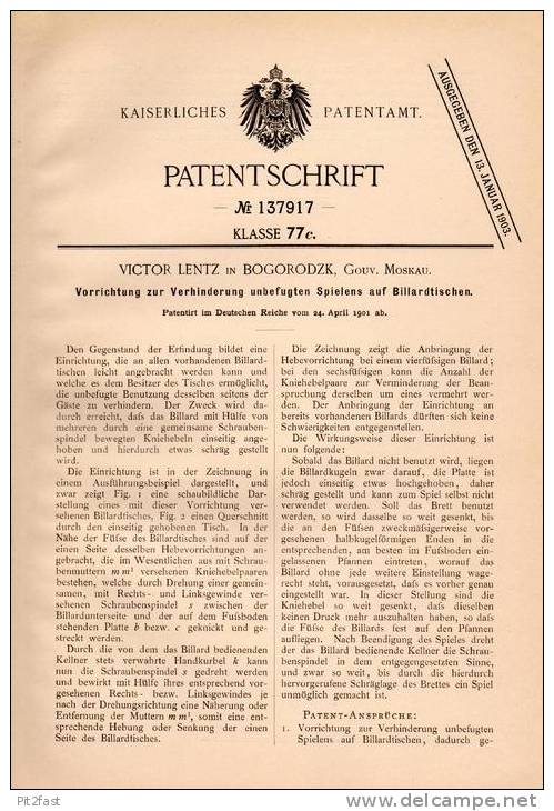 Original Patentschrift - V. Lentz In Bogorodizk , Gouv. Moskau , 1901 , Sicherung Für Billiard - Tisch , Russland !!! - Biliardo