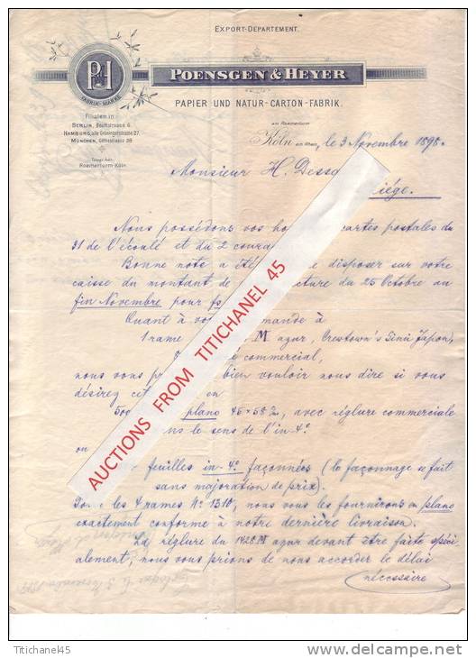 Brief 1898 - KÖLN AM RHEIN - BERLIN - HAMBURG - MÜNCHEN - POENSGEN & HEYER - Papier Und Natur-carton-fabrik - Stamperia & Cartoleria