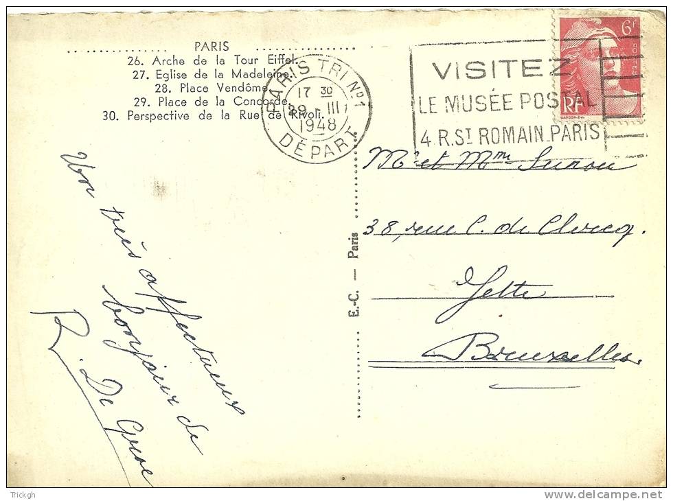 France 1948 Paris &gt;&gt; Jette Belgique / Musée Postal - Briefe U. Dokumente