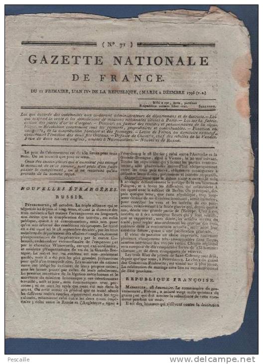 GAZETTE NATIONALE DE FRANCE 2 12 1795 - RUSSIE PETERSBOURG - MARSEILLE FRERON - NANTES - CHARETTE HOCHE VIEILLEVIGNE ... - Journaux Anciens - Avant 1800