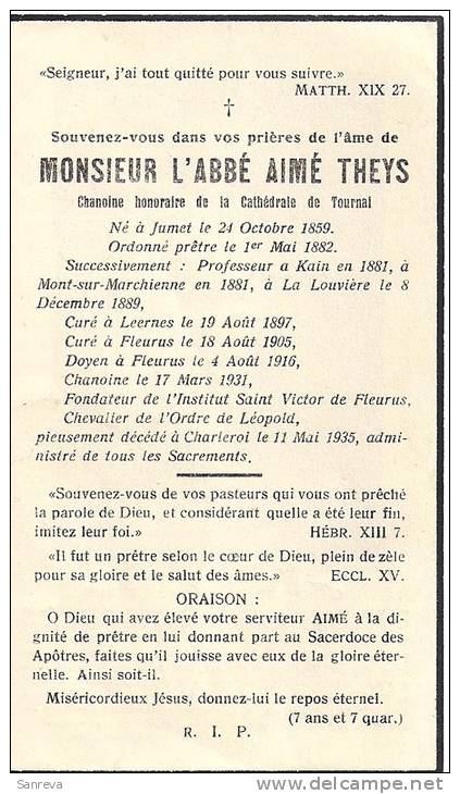 Souv.mort. Abbé Aimé Theys Né à Jumet 1859, Curé à Leernes, Fleurus, Prof. à Kain, M. S. Marchienne, La Louvière Dcd 19 - Images Religieuses