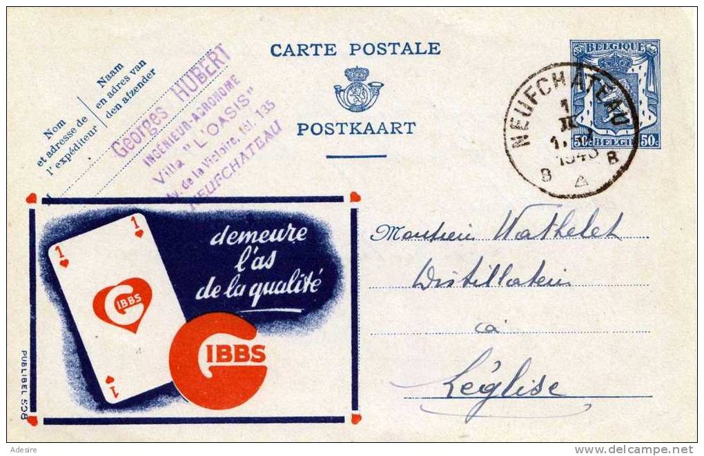 Belgien 1943? - 50C Ganzsache Auf Werbekarte Von IBBS, Stempel Neufchateau - Publibels