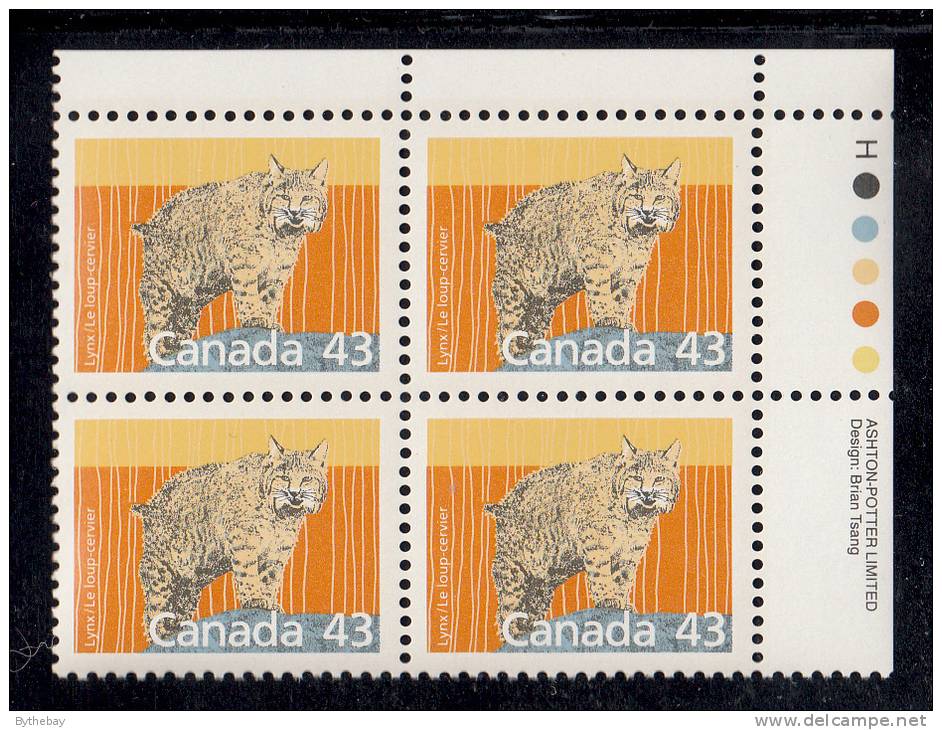 Canada MNH Scott #1170 Upper Right Plate Block 43c Lynx Perf 12 X 12.5, Harrison Paper - Mammal Definitives - Num. Planches & Inscriptions Marge