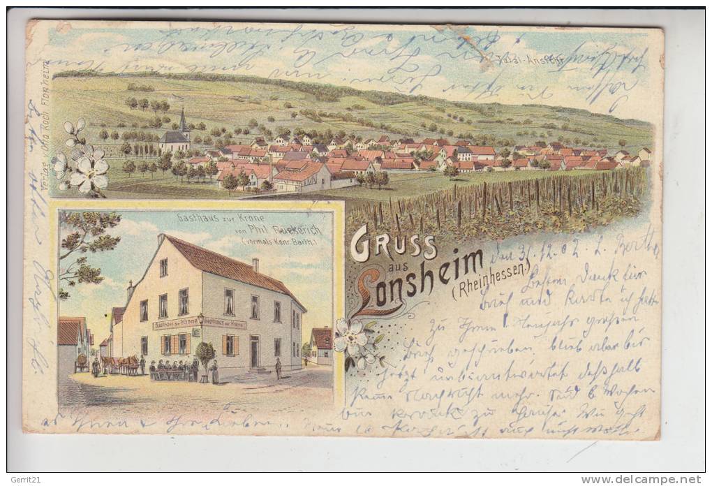 6509 LONSHEIM Bei Alzey, Lithographie 1903, Gasthaus Zur Krone, Kl.Einriss - Alzey