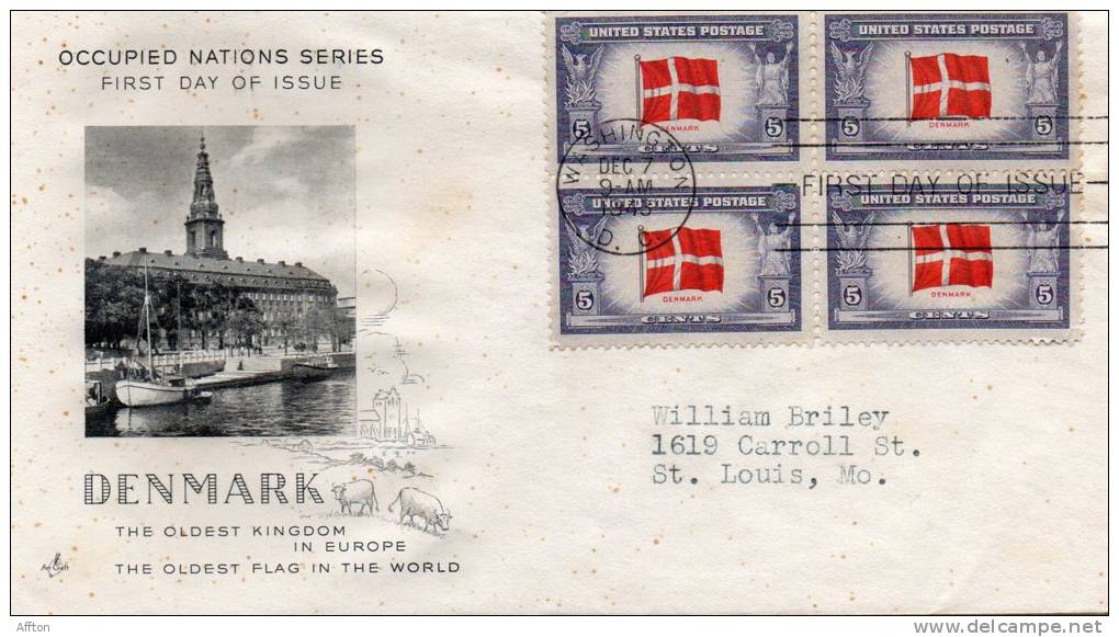 Denmark Occupied Nations Series 1943 USA First Day Cover - 1941-1950