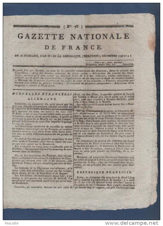 GAZETTE NATIONALE DE FRANCE 9 12 1795 - ALLEMAGNE - PARIS - ARDECHE - DIRECTOIRE EXECUTIF - JUGES - FINANCES ... - Zeitungen - Vor 1800