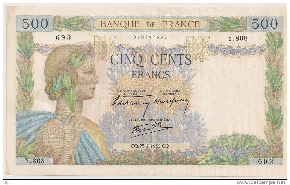 500  Francs LA PAIX 25.7.1940 Y 808 SUP - 500 F 1940-1944 ''La Paix''