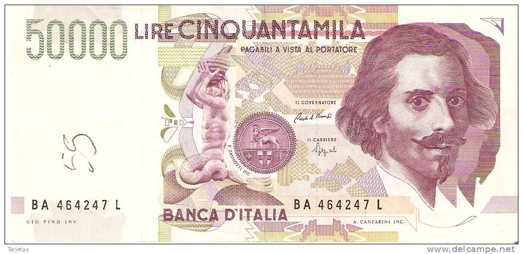 BILLETE DE ITALIA DE 50000 LIRAS DEL AÑO 1992 DE LORENZO BERNINI (BANKNOTE) - 50000 Liras