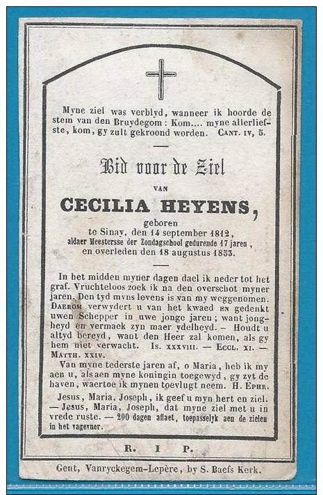 Doodsprentje Van Cecilia Heyens - Sinaai - 1812 - 1853 - Religion & Esotérisme