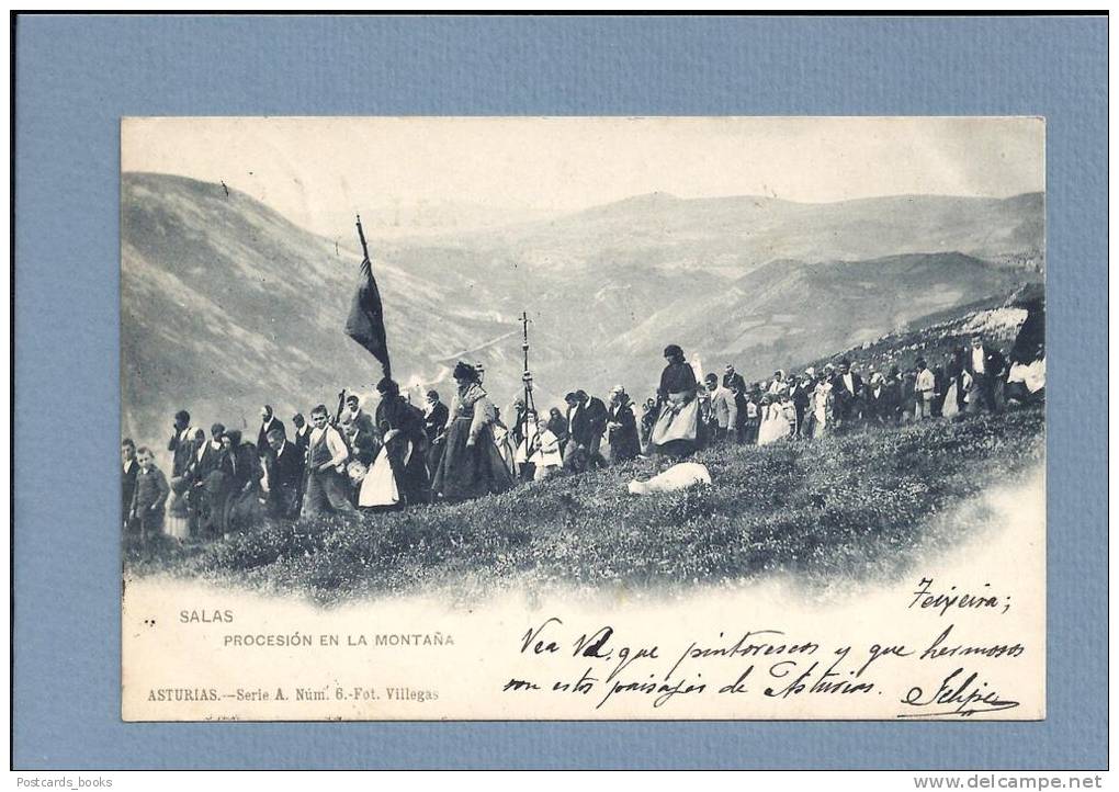 ESPANA PRINCIPADO ASTURIAS SALAS PROCESSION EN LA MONTANA. Old Postcard 1900s, Animado Serie A. Num .4 Fot. Villegas - Asturias (Oviedo)