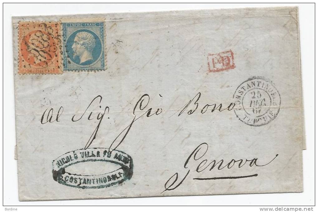 - Lettre - BFE TURQUIE - CONSTANTINOPLE GC.5083 S/TP N°22+23 + Càd T.15 + "PD" Rouge - 1867 - 1862 Napoléon III.